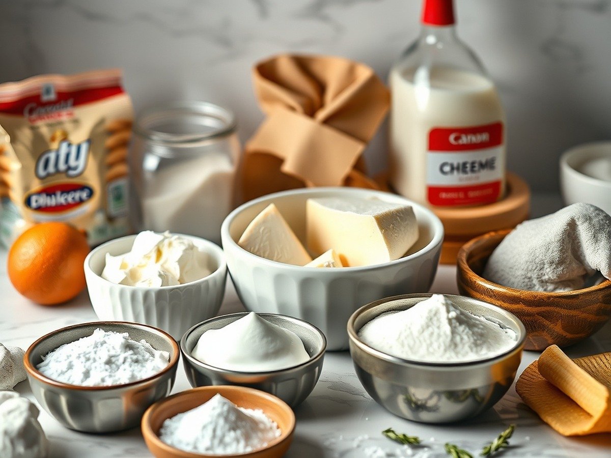 Can you make runny no bake cheesecake filling ahead of time? final dish overhead - A beautifully styled prep station with ingredients like cream cheese, heavy cream, and sugar arrange