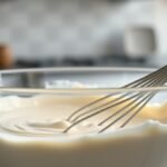 Can you make runny no bake cheesecake filling ahead of time? recipe hero presentation - Close up of creamy white no bake cheesecake filling in a glass bowl with a whisk, set on a modern ki