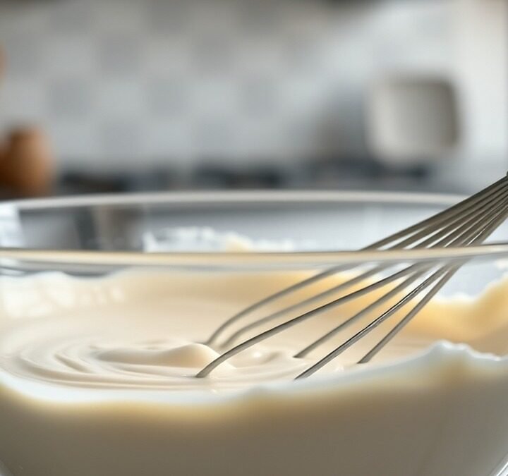 Can you make runny no bake cheesecake filling ahead of time? recipe hero presentation - Close up of creamy white no bake cheesecake filling in a glass bowl with a whisk, set on a modern ki