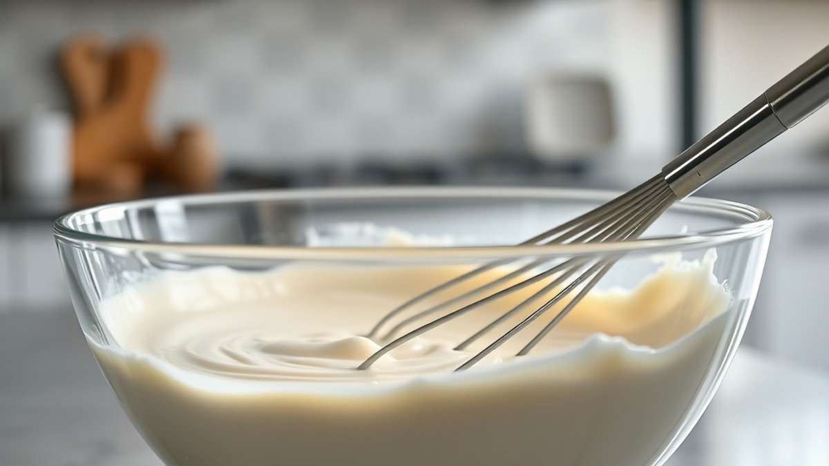 Can you make runny no bake cheesecake filling ahead of time? recipe hero presentation - Close up of creamy white no bake cheesecake filling in a glass bowl with a whisk, set on a modern ki