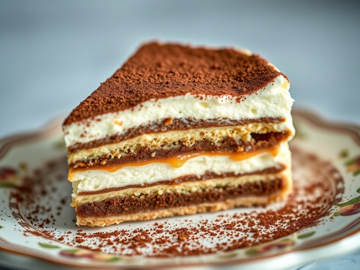 Can you make runny tiramisu filling ahead of time? final dish overhead - A delicious slice of tiramisu dessert showing distinct creamy layers and cocoa dusting on a vintage