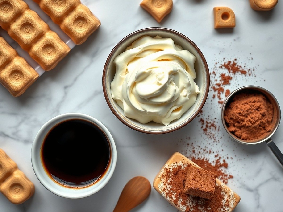 Can you make runny tiramisu filling ahead of time? plating and garnish - An overhead flat lay of tiramisu assembly ingredients including ladyfingers, a bowl of freshly prepa