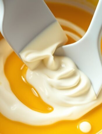 Can you make runny tiramisu filling ahead of time? preparation close-up - A close-up shot of a silicone spatula gently folding whipped heavy cream into a rich yellow egg and