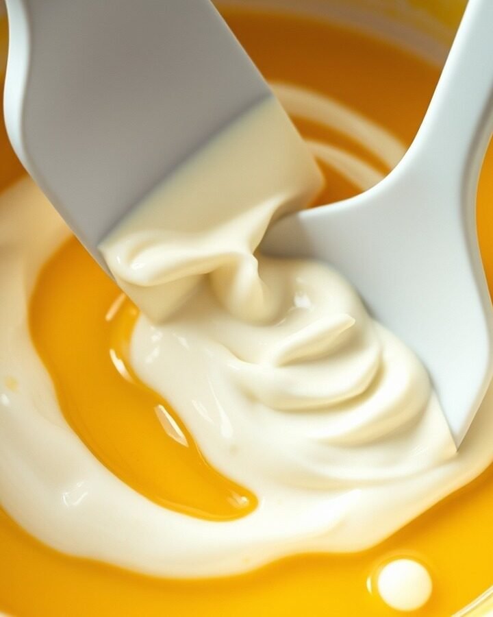Can you make runny tiramisu filling ahead of time? preparation close-up - A close-up shot of a silicone spatula gently folding whipped heavy cream into a rich yellow egg and