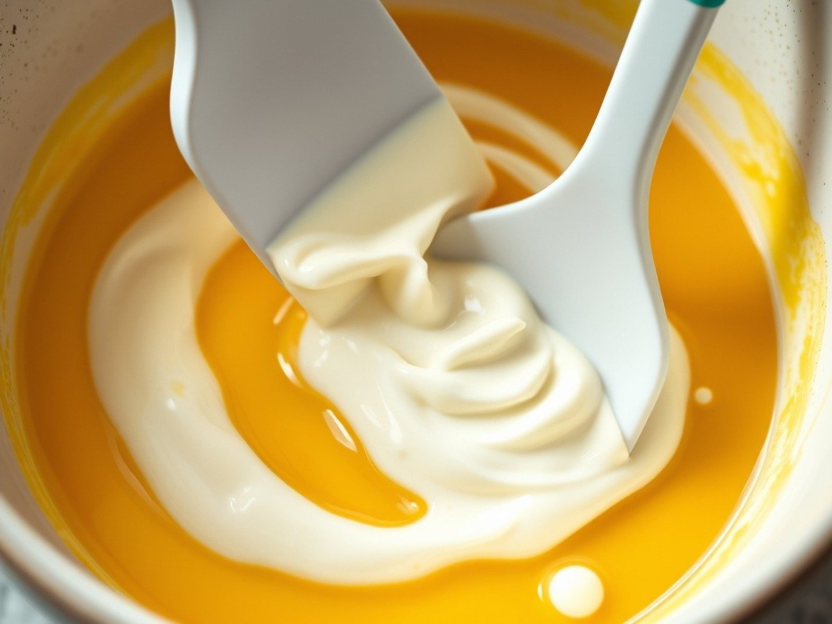 Can you make runny tiramisu filling ahead of time? preparation close-up - A close-up shot of a silicone spatula gently folding whipped heavy cream into a rich yellow egg and