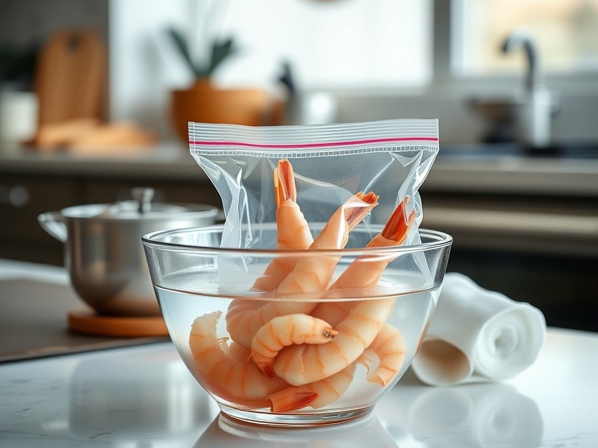 Do you need to thaw frozen prawns before putting them in the air fryer? cooking process - A kitchen counter scene with a bowl of cold water thawing frozen shrimp in a clear bag, paper towels