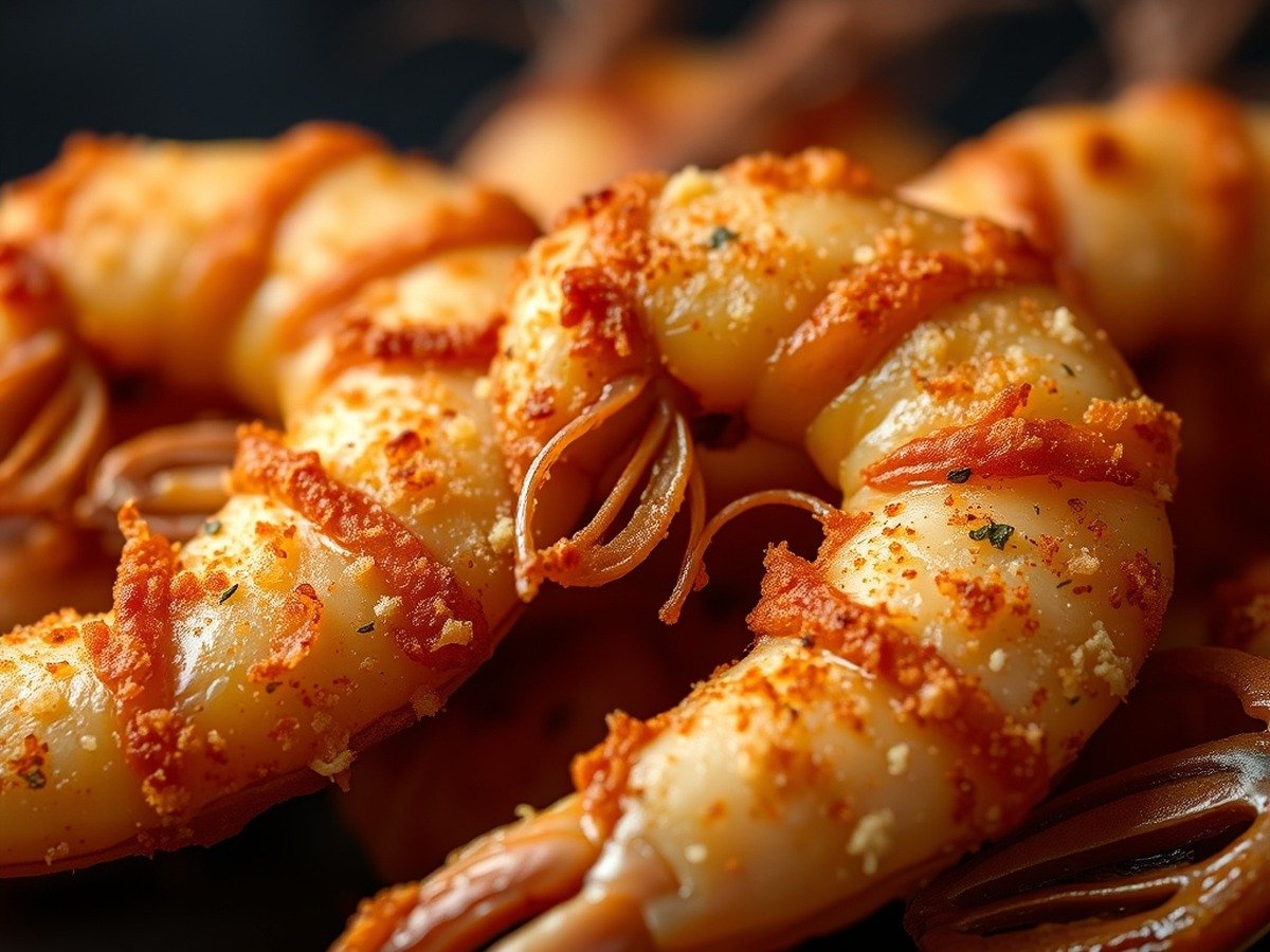 Do you need to thaw frozen prawns before putting them in the air fryer? final dish overhead - Close-up of golden-crisp air-fried prawns showing a light dusting of paprika and herbs, dark moody b