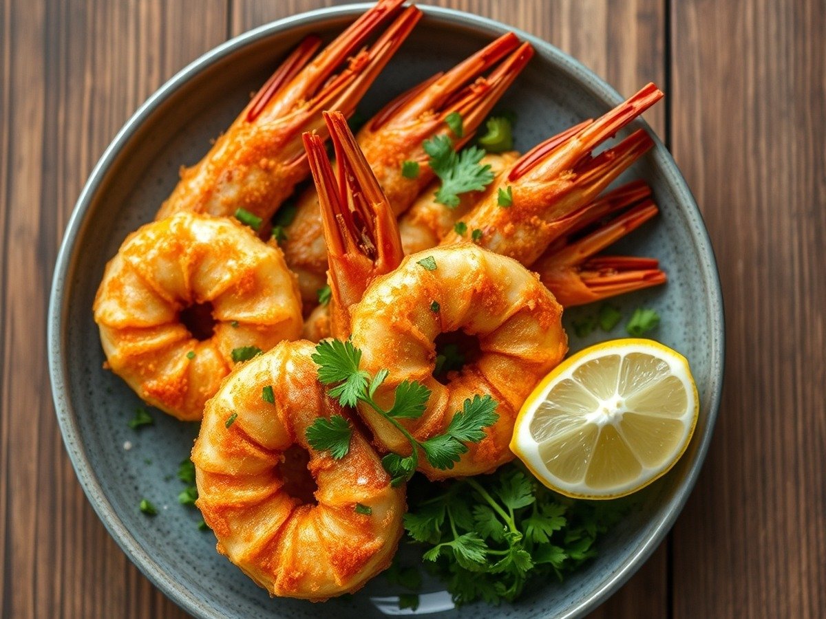 Do you need to thaw frozen prawns before putting them in the air fryer? plating and garnish - A plate of perfectly cooked crispy air-fried prawns garnished with fresh chopped parsley and a wedge