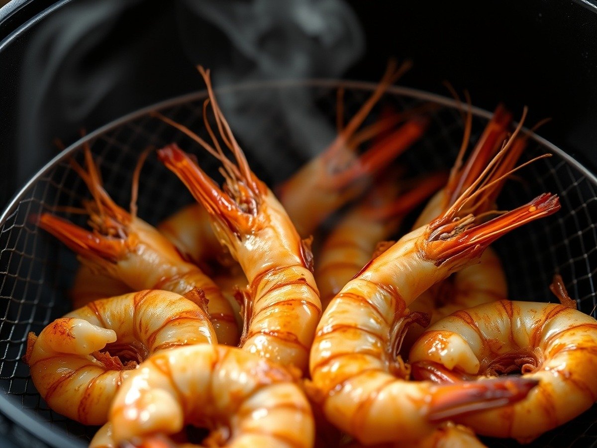 Do you need to thaw frozen prawns before putting them in the air fryer? preparation close-up - Freshly cooked golden-brown prawns in an air fryer basket with steam rising gently, macro shot, shal