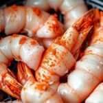 Do you need to thaw frozen prawns before putting them in the air fryer? recipe hero presentation - A crisp close-up of raw frozen prawns dusted with vibrant spices sitting in a modern air fryer baske