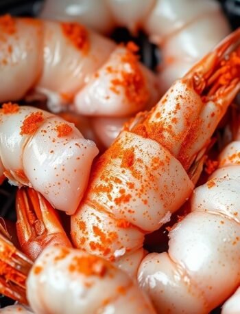 Do you need to thaw frozen prawns before putting them in the air fryer? recipe hero presentation - A crisp close-up of raw frozen prawns dusted with vibrant spices sitting in a modern air fryer baske