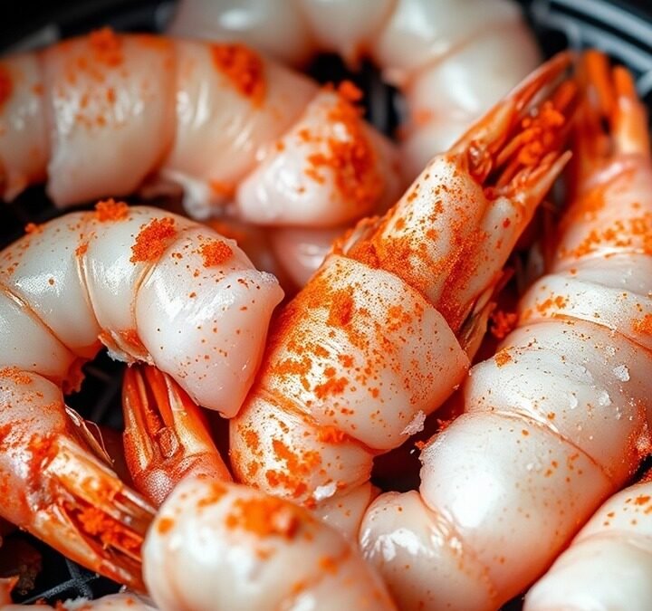 Do you need to thaw frozen prawns before putting them in the air fryer? recipe hero presentation - A crisp close-up of raw frozen prawns dusted with vibrant spices sitting in a modern air fryer baske