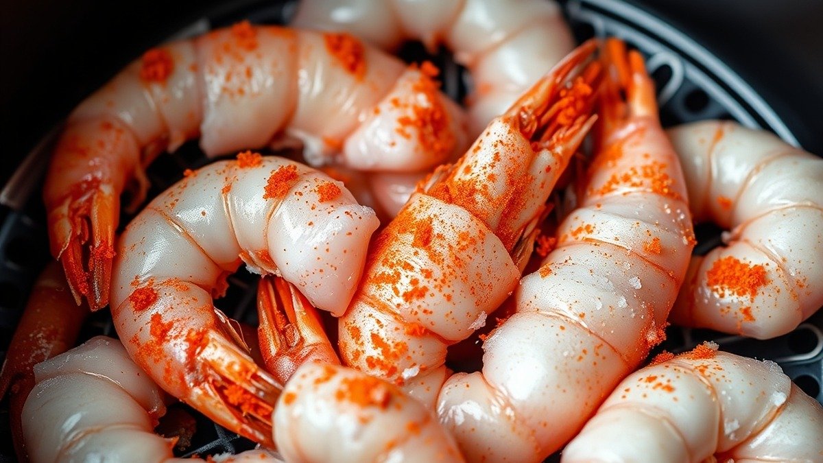 Do you need to thaw frozen prawns before putting them in the air fryer? recipe hero presentation - A crisp close-up of raw frozen prawns dusted with vibrant spices sitting in a modern air fryer baske