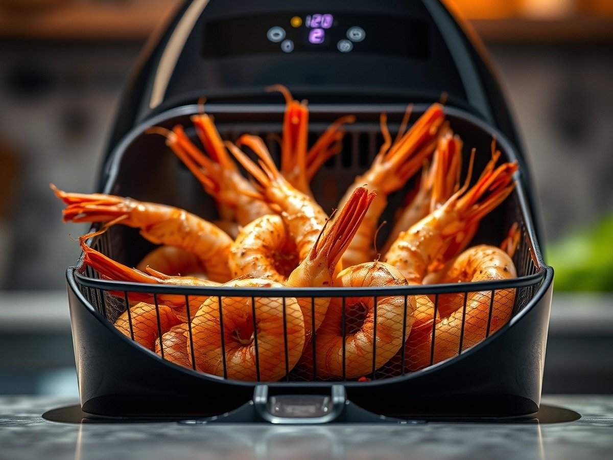 How do you get seasoning to stick to frozen prawns in an air fryer? cooking process - A sleek modern air fryer basket filled with seasoned prawns cooking under warm kitchen lights, crisp