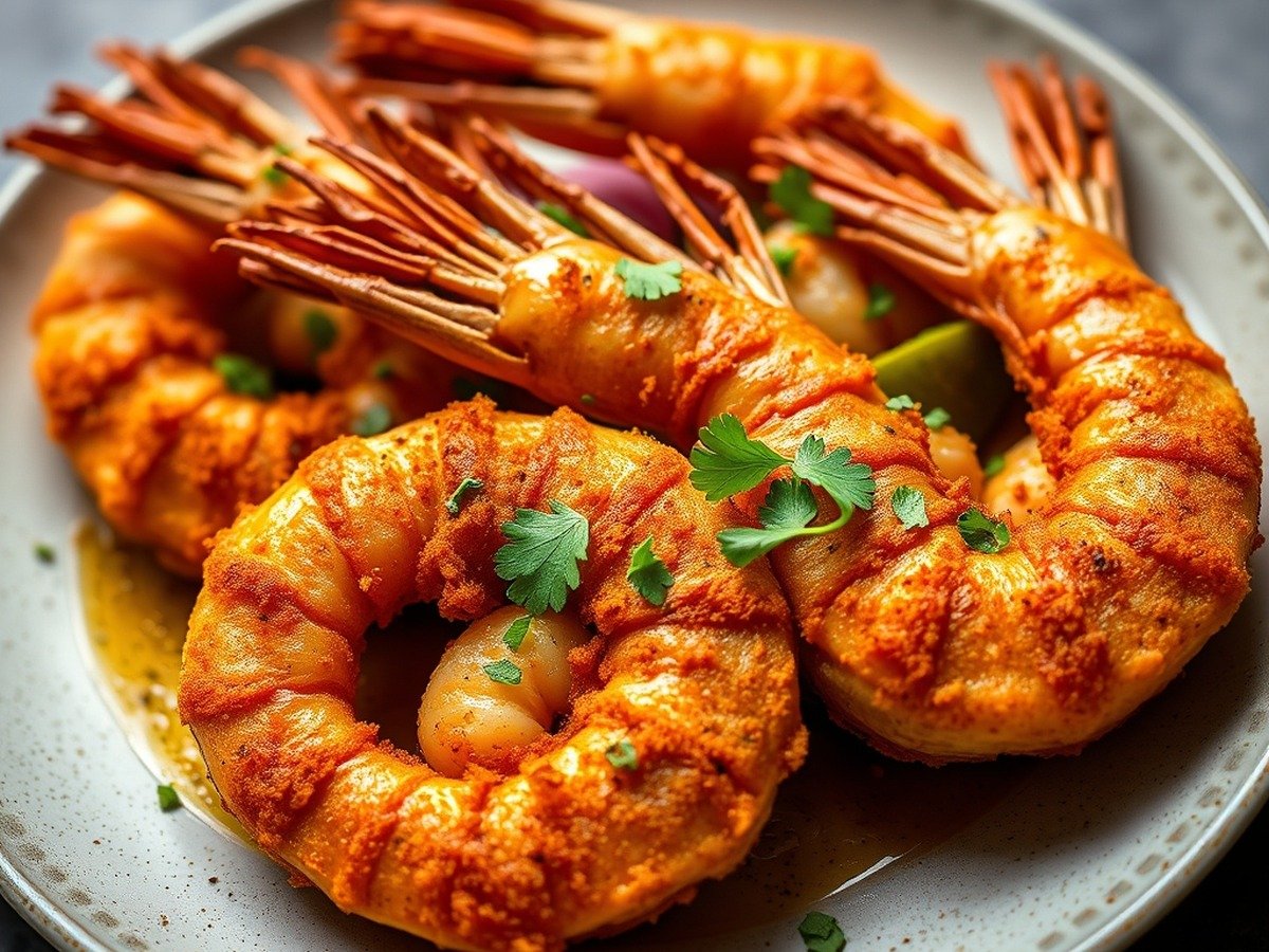 How do you get seasoning to stick to frozen prawns in an air fryer? final dish overhead - Plated air-fried prawns with a perfectly adhered, beautifully toasted spice crust, garnished with fr