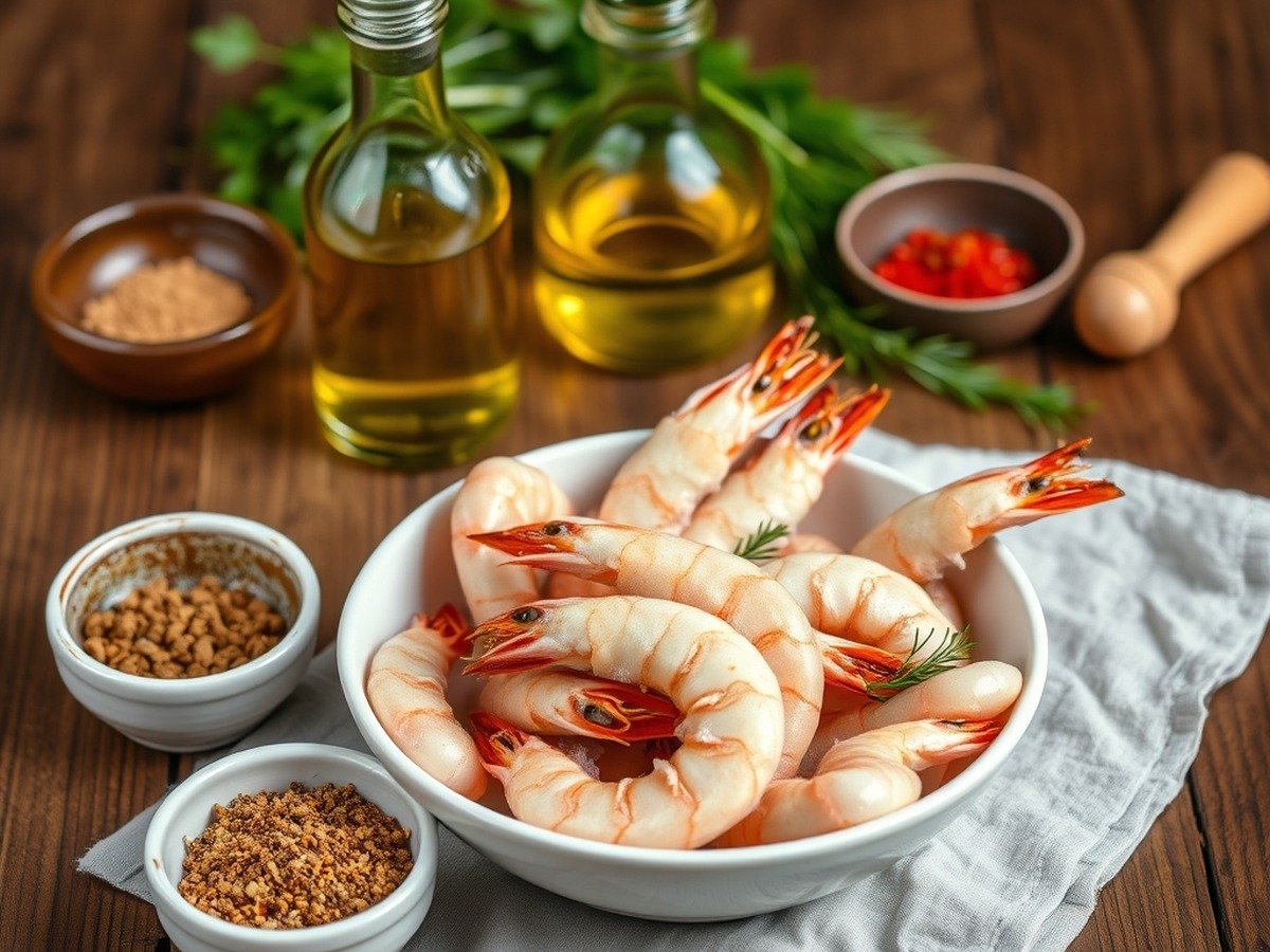 How do you get seasoning to stick to frozen prawns in an air fryer? plating and garnish - Professional culinary layout showing a bowl of frozen prawns, a bottle of oil, and small bowls of dr