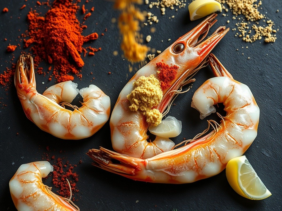 How do you get seasoning to stick to frozen prawns in an air fryer? preparation close-up - Overhead shot of vibrant spices like smoked paprika and garlic powder being sprinkled over glistenin