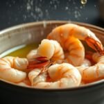 How do you get seasoning to stick to frozen prawns in an air fryer? recipe hero presentation - Close-up food photography of frozen prawns being tossed in golden avocado oil inside a ceramic bowl,