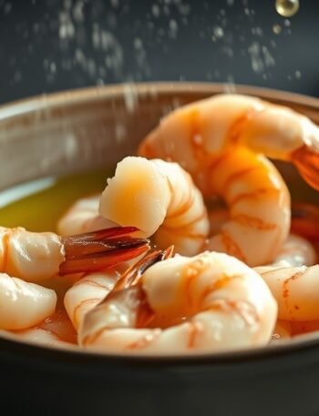 How do you get seasoning to stick to frozen prawns in an air fryer? recipe hero presentation - Close-up food photography of frozen prawns being tossed in golden avocado oil inside a ceramic bowl,
