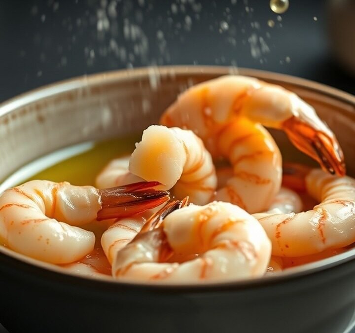 How do you get seasoning to stick to frozen prawns in an air fryer? recipe hero presentation - Close-up food photography of frozen prawns being tossed in golden avocado oil inside a ceramic bowl,