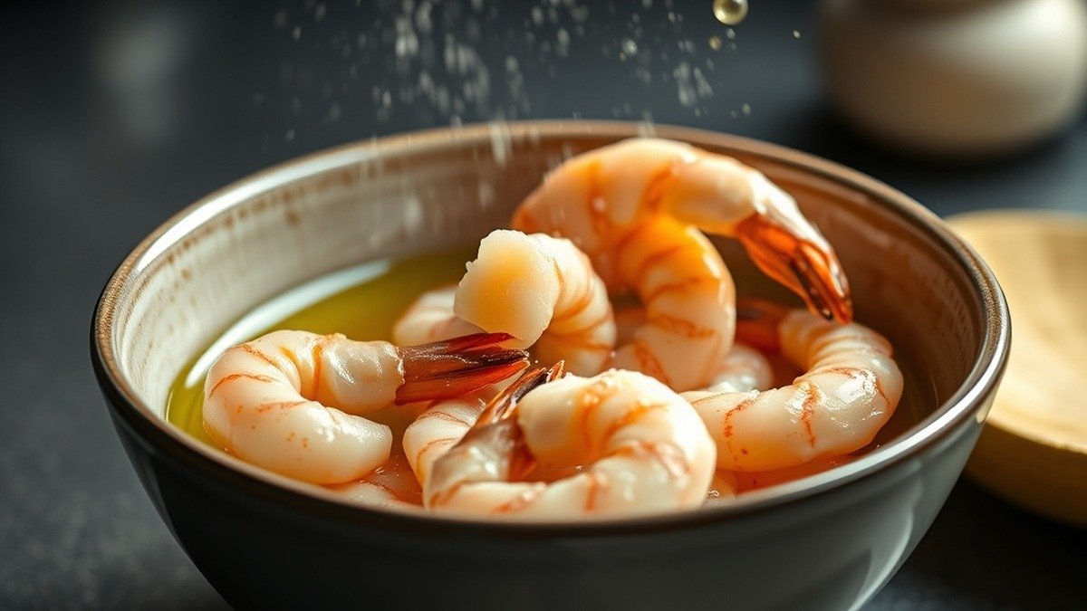 How do you get seasoning to stick to frozen prawns in an air fryer? recipe hero presentation - Close-up food photography of frozen prawns being tossed in golden avocado oil inside a ceramic bowl,