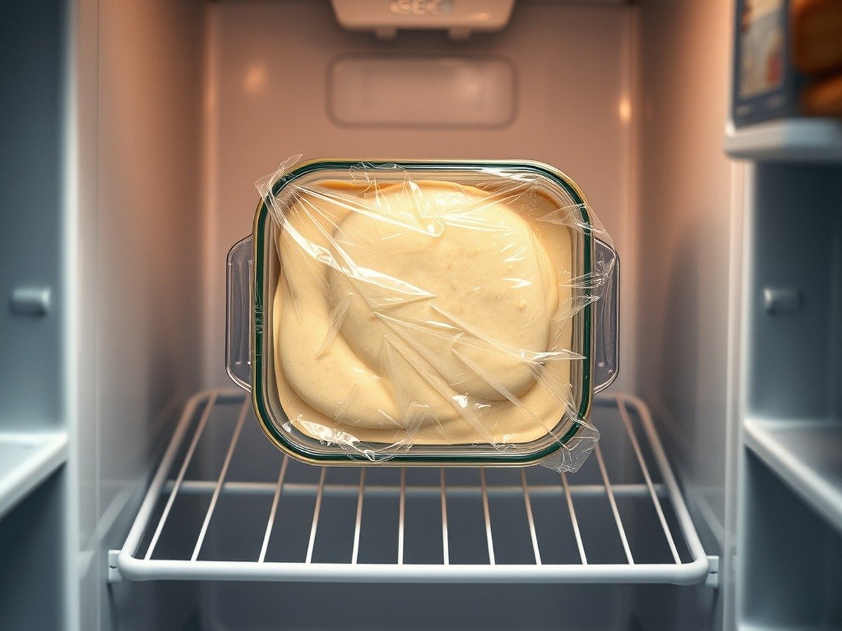 How do you store and reheat runny tiramisu filling? cooking process - An overhead view of an open refrigerator shelf showing a securely sealed glass container holding hom