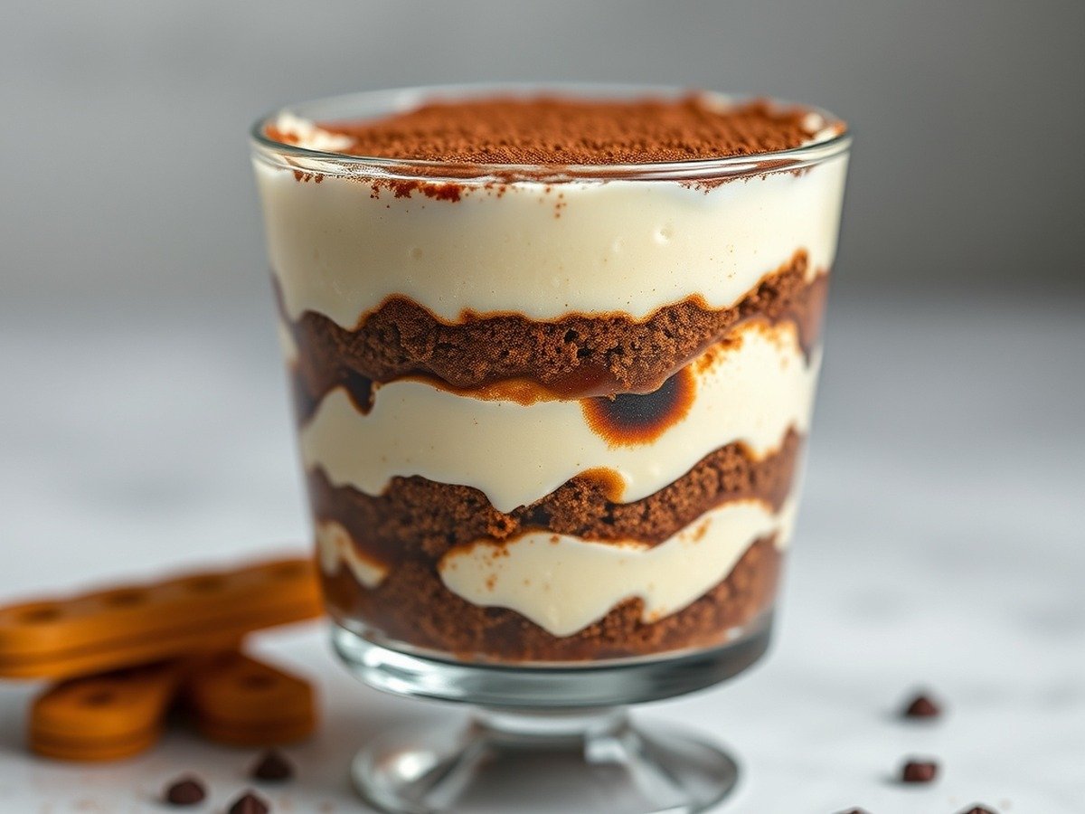How do you store and reheat runny tiramisu filling? final dish overhead - A beautifully layered traditional tiramisu dessert in a glass cup, highlighting the distinct divisio