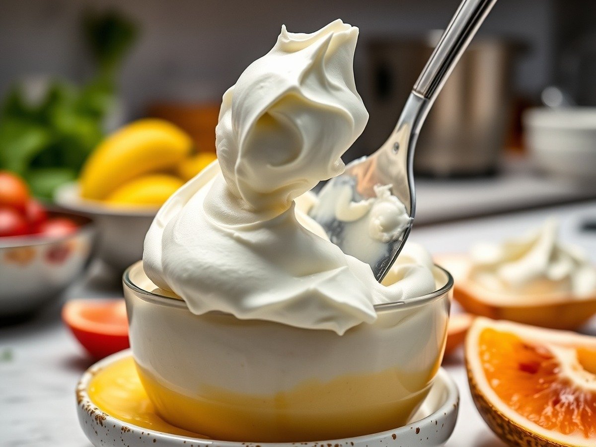 How do you store and reheat runny tiramisu filling? plating and garnish - A professional kitchen counter scene featuring a spatula gently folding stiff whipped cream into a r