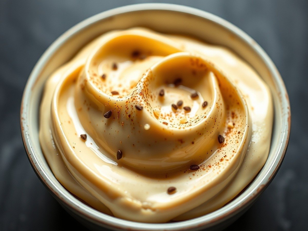 How do you store and reheat runny tiramisu filling? preparation close-up - A macro photograph of smooth, glossy tiramisu cream showing velvety texture and tiny vanilla specks