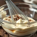 How do you store and reheat runny tiramisu filling? recipe hero presentation - A close-up shot of creamy mascarpone tiramisu filling in a glass bowl with a whisk, set on a rustic