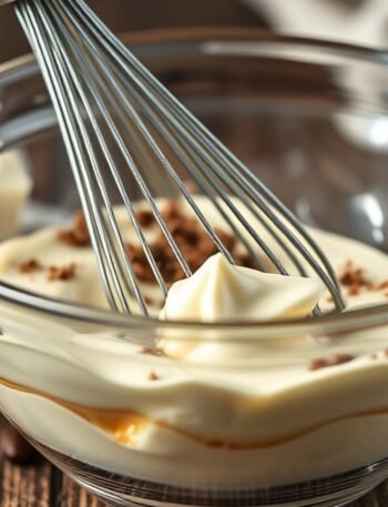 How do you store and reheat runny tiramisu filling? recipe hero presentation - A close-up shot of creamy mascarpone tiramisu filling in a glass bowl with a whisk, set on a rustic