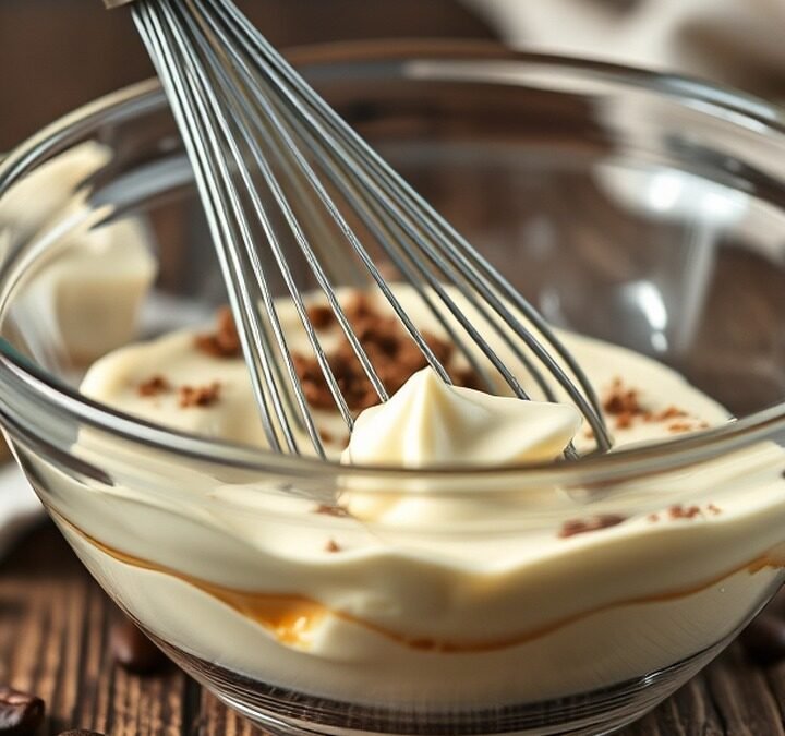 How do you store and reheat runny tiramisu filling? recipe hero presentation - A close-up shot of creamy mascarpone tiramisu filling in a glass bowl with a whisk, set on a rustic