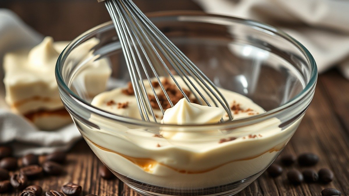 How do you store and reheat runny tiramisu filling? recipe hero presentation - A close-up shot of creamy mascarpone tiramisu filling in a glass bowl with a whisk, set on a rustic