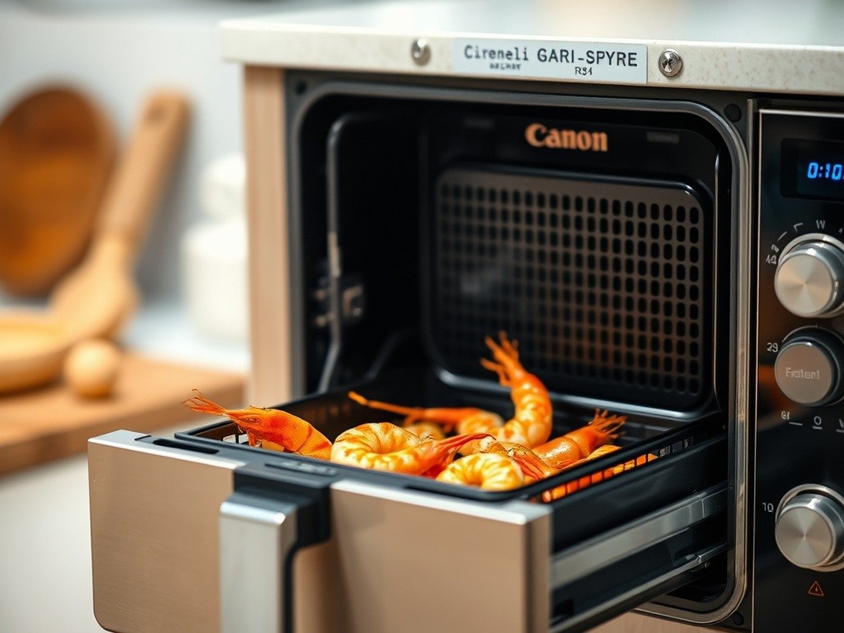 How long do raw frozen prawns take in the air fryer at 400°F? cooking process - A modern kitchen air fryer drawer pulled open revealing sizzling, perfectly cooked pink prawns, shal