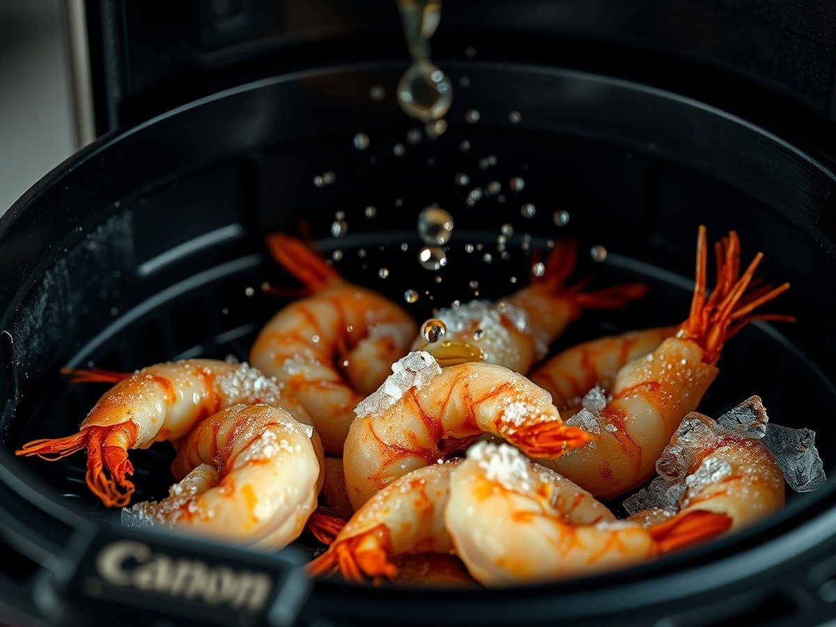How long do raw frozen prawns take in the air fryer at 400°F? final dish overhead - Culinary action shot of oil being misted over frozen prawns inside an air fryer, frozen motion dropl