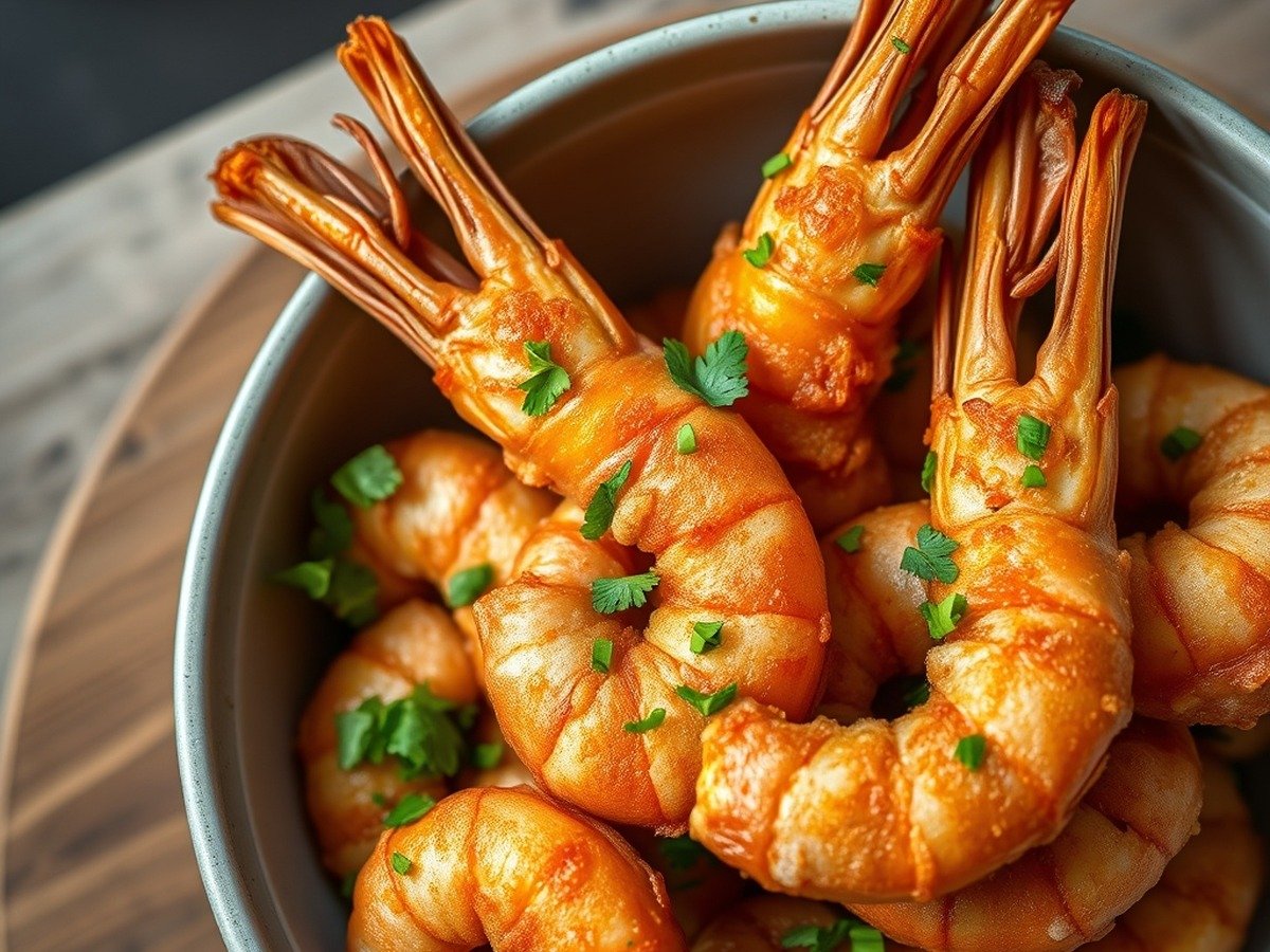 How long do raw frozen prawns take in the air fryer at 400°F? plating and garnish - Overhead shot of a bowl filled with crispy air-fried prawns, garnished with chopped fresh parsley an