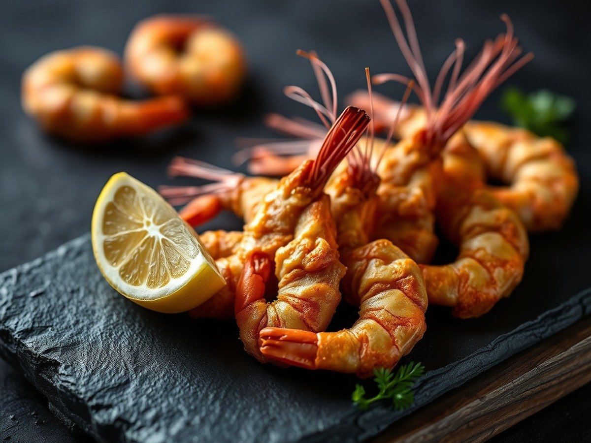 How long do raw frozen prawns take in the air fryer at 400°F? preparation close-up - Macro shot of golden-brown air-fried prawns arranged on a dark slate plate with a squeeze of fresh l