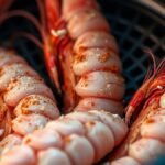 How long do raw frozen prawns take in the air fryer at 400°F? recipe hero presentation - Close-up food photography of raw frozen prawns dusted with spices inside an air fryer basket, studio