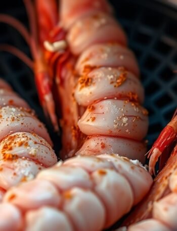 How long do raw frozen prawns take in the air fryer at 400°F? recipe hero presentation - Close-up food photography of raw frozen prawns dusted with spices inside an air fryer basket, studio
