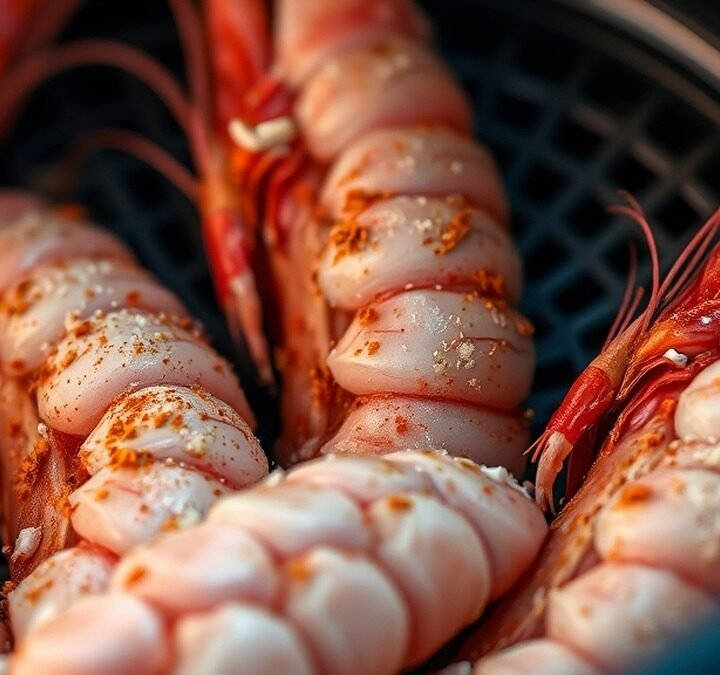 How long do raw frozen prawns take in the air fryer at 400°F? recipe hero presentation - Close-up food photography of raw frozen prawns dusted with spices inside an air fryer basket, studio