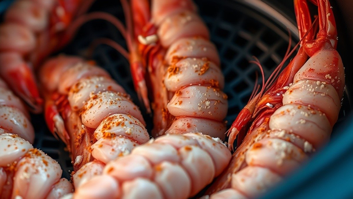 How long do raw frozen prawns take in the air fryer at 400°F? recipe hero presentation - Close-up food photography of raw frozen prawns dusted with spices inside an air fryer basket, studio
