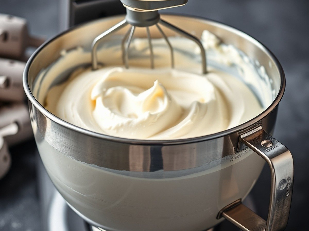 How long does it take to prepare runny no bake cheesecake filling? cooking process - A stainless steel stand mixer bowl filled with fluffy white cheesecake batter