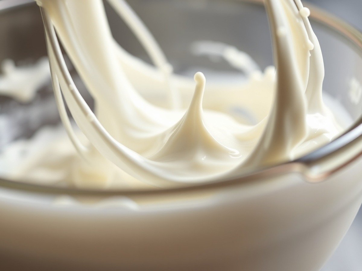 How long does it take to prepare runny no bake cheesecake filling? final dish overhead - Close up of heavy cream being whipped into stiff peaks inside a mixing bowl