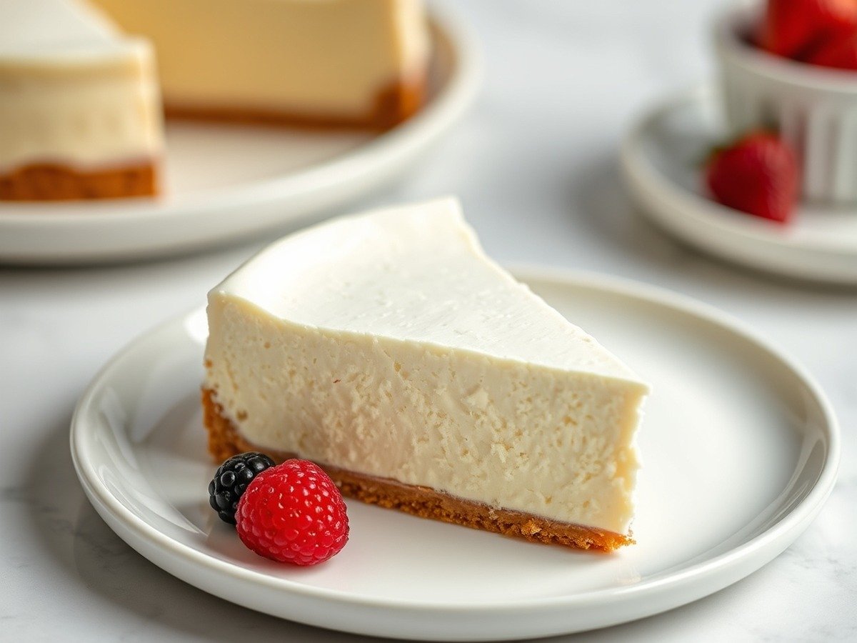 How long does it take to prepare runny no bake cheesecake filling? plating and garnish - A slice of chilled no bake cheesecake on a white ceramic plate with a glossy surface