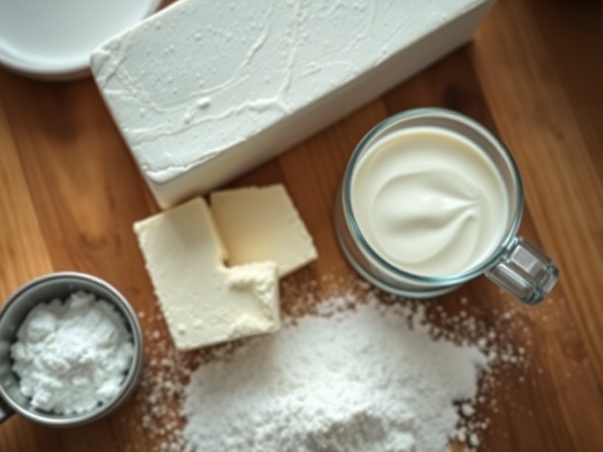 How long does it take to prepare runny no bake cheesecake filling? preparation close-up - Overhead shot of cream cheese blocks, heavy cream, and powdered sugar on a wooden kitchen counter