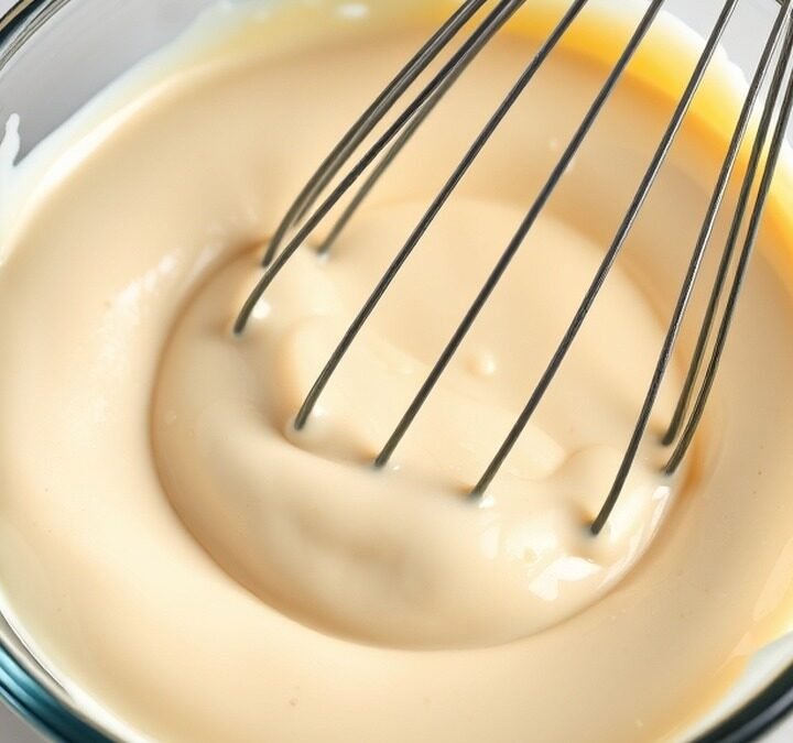 How long does it take to prepare runny no bake cheesecake filling? recipe hero presentation - Close up of smooth no bake cheesecake filling in a glass bowl with a whisk