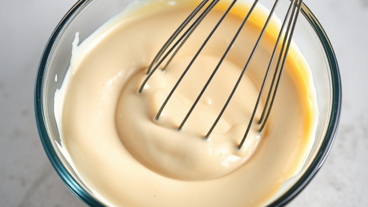 How long does it take to prepare runny no bake cheesecake filling? recipe hero presentation - Close up of smooth no bake cheesecake filling in a glass bowl with a whisk