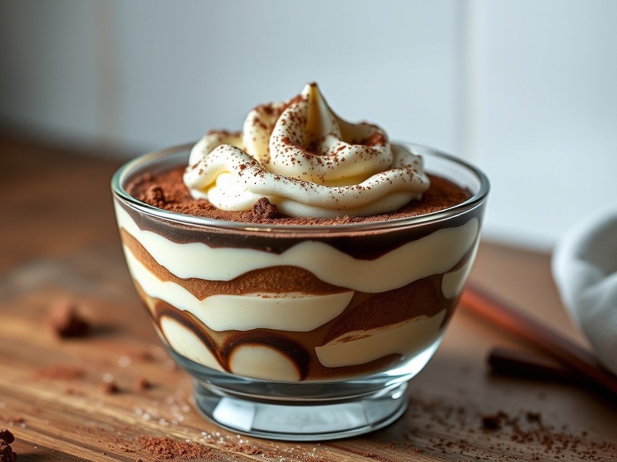 How long does it take to prepare runny tiramisu filling? cooking process - A pristine glass bowl filled with thick, glossy tiramisu filling showing soft peaks, dusted lightly