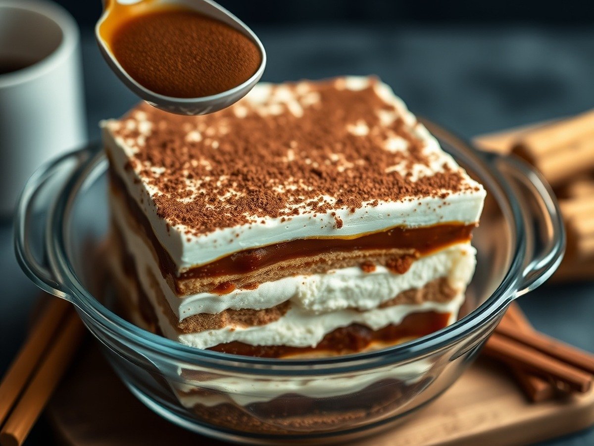 How long does it take to prepare runny tiramisu filling? final dish overhead - An overhead photorealistic view of classic tiramisu layers being assembled in a glass dish, showing