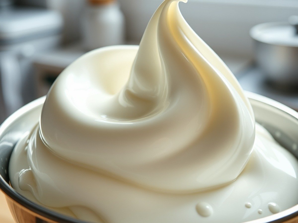 How long does it take to prepare runny tiramisu filling? plating and garnish - Photorealistic macro shot of heavy whipping cream forming stiff, glossy peaks in a chilled metal bow